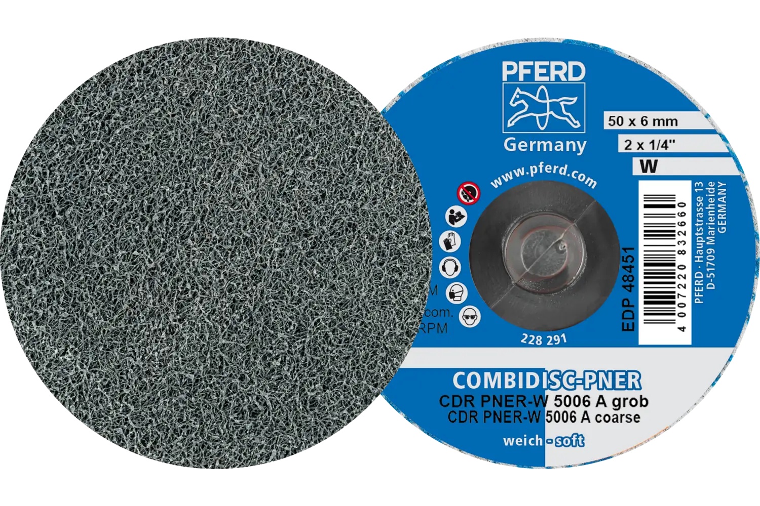 Picture of Pferd CombiDisc® Unitized Disc, 2" Dia, Type CDR, Coarse, Soft, 2AM, Aluminum oxide